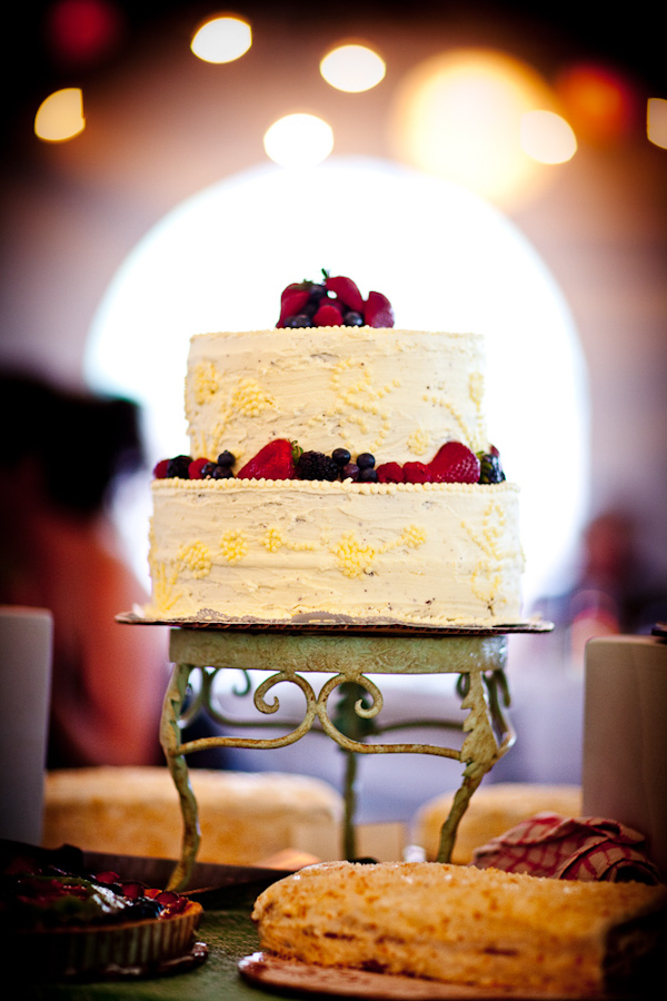 a white round two tier wedding cake with yellow whimsical design for the border and topped with berries on an antique cake stand -  photo by New Mexico based wedding photographers Twin Lens